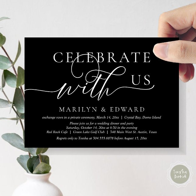 Convite Celebrar conosco, Partido do Elopemento de Casamen (Celebrate with us, Wedding Elopement Party Invitation Card, PDF, Modern Elegant, in Black)