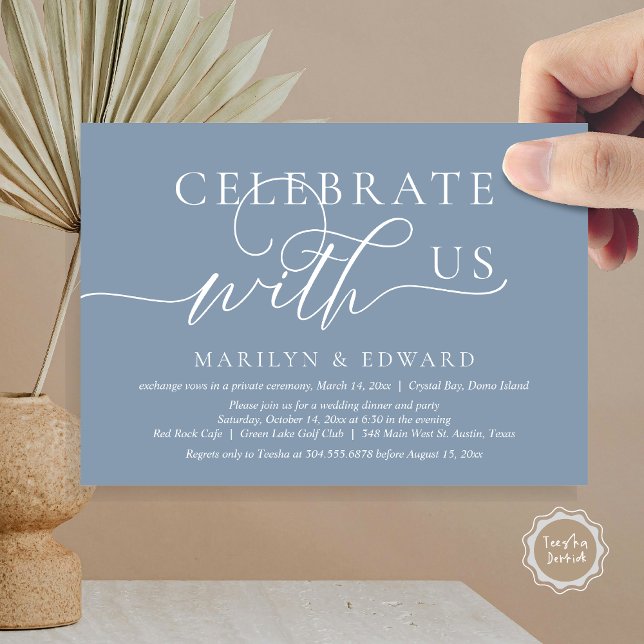 Convite Celebrar conosco, Partido do Elopemento de Casamen (Celebrate with us, Wedding Elopement Party Invitation Card, PDF, Modern Elegant, in dusty blue)