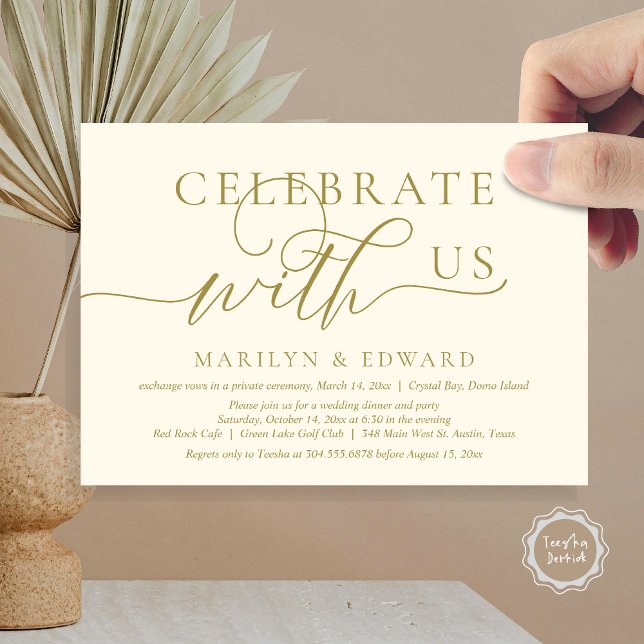 Convite Celebrar conosco, Partido do Elopemento de Casamen (Celebrate with us, Wedding Elopement Party Invitation Card, PDF, Modern Elegant, in classy gold)