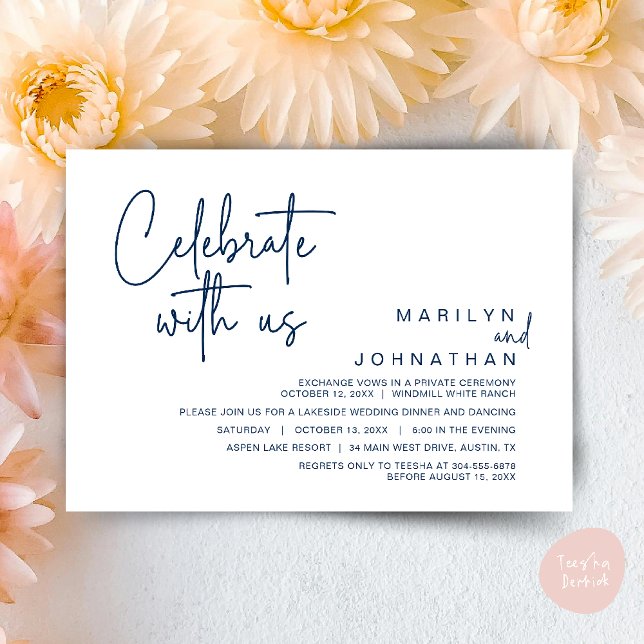 Convite Celebrar conosco, Partido do Elopemento de Casamen (Celebrate with us, Post Wedding Elopement Party Dinner Brunch Lunch Invitation Card PDF Navy Blue)