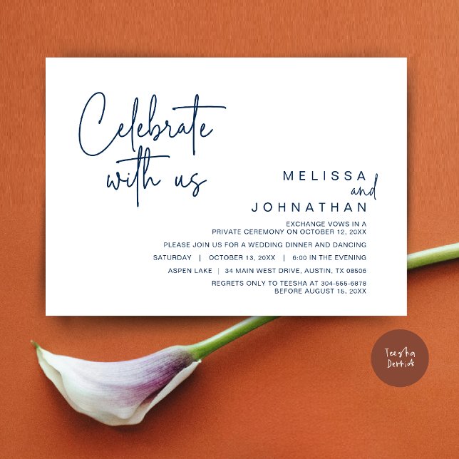 Convite Celebrar conosco, Partido do Elopemento de Casamen (Celebrate with us, Post Wedding Elopement Dinner Party Invitation Card, PDF, in Navy Blue)