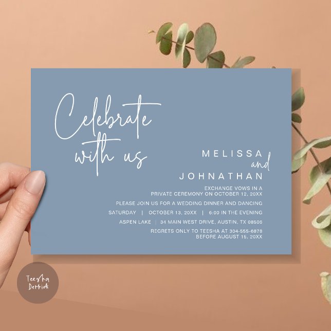 Convite Celebrar conosco, Partido do Elopemento de Casamen (Celebrate with us, Post Wedding Elopement Dinner Party Invitation Card, PDF, in Dusty Blue)