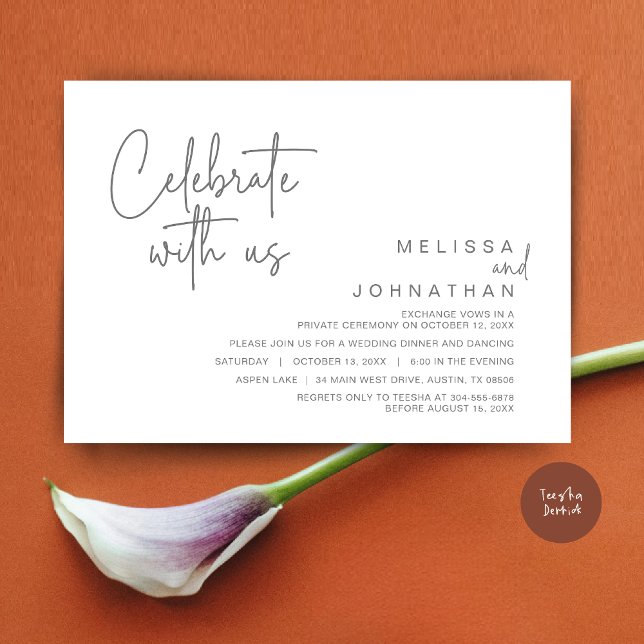 Convite Celebrar conosco, Partido do Elopemento de Casamen (Celebrate with us, Post Wedding Elopement Dinner Party Invitation Card, PDF, in Dark Grey)