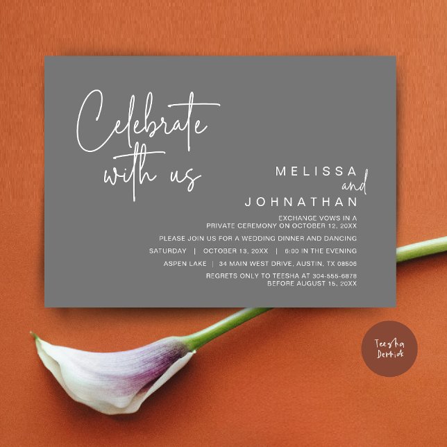 Convite Celebrar conosco, Partido do Elopemento de Casamen (Celebrate with us, Post Wedding Elopement Dinner Party Invitation Card, PDF, in Dark Grey)