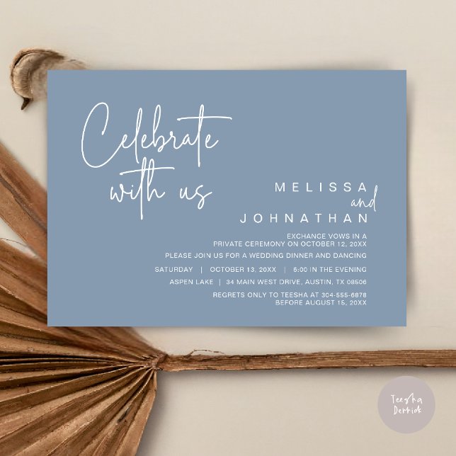 Convite Celebrar conosco, Partido do Janto de Elopemento d (Celebrate With Us, Wedding Elopement Dinner Invitation Card, PDF, in Dusty Blue)