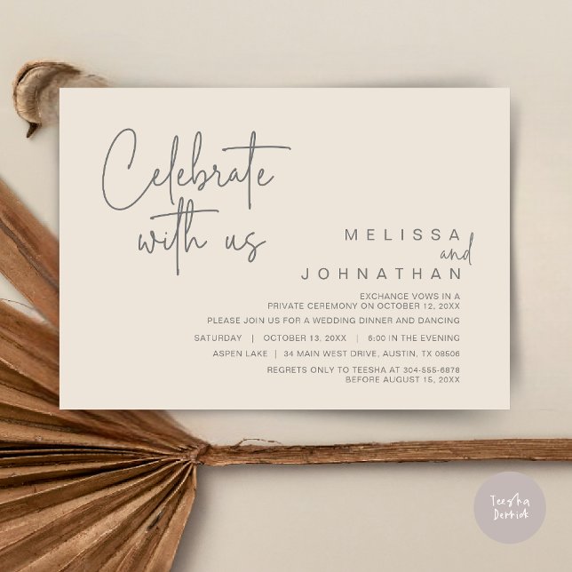 Convite Celebrar conosco, Partido do Janto de Elopemento d (Celebrate With Us, Wedding Elopement Dinner Invitation Card, PDF, in Cream Grey)