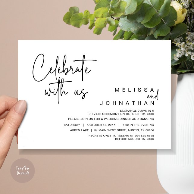 Convite Celebrar conosco, Partido do Janto de Elopemento d (Celebrate With Us, Wedding Elopement Dinner Invitation Card, PDF, in Black and White)