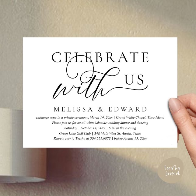 Convite Celebrar conosco, Partido do Janto de Elopemento d (Celebrate with us, Wedding Elopement Dinner Party Lunch Brunch Invitation Card PDF Black White)