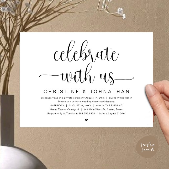 Convite Celebrar conosco, Partido do Janto de Elopemento d (Celebrate with us, Wedding Elopement Dinner Party Dancing Invites Card, pdf, classy black white)