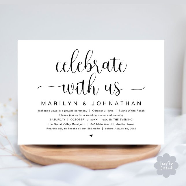Convite Celebrar conosco, Partido do Janto de Elopemento d (Celebrate with us, Wedding Elopement Dinner Party Dancing Invitation Card PDF White Black)