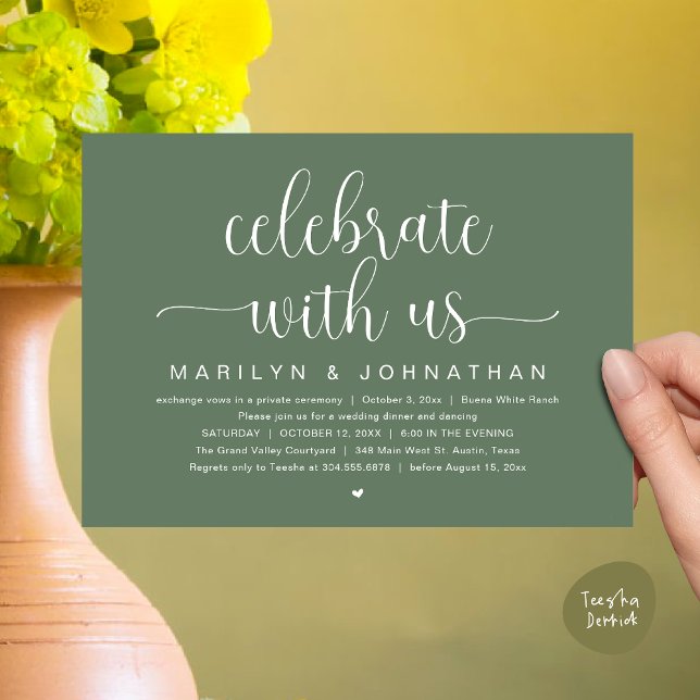 Convite Celebrar conosco, Partido do Janto de Elopemento d (Celebrate with us, Wedding Elopement Dinner Party Dancing Invitation Card PDF Greenery Sage Green)