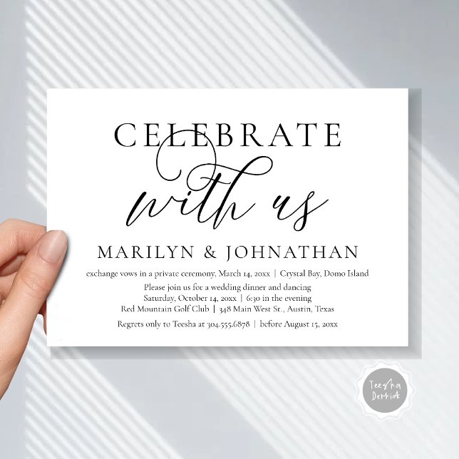 Convite Celebrar conosco, Partido do Janto de Elopemento d (Celebrate with us, Modern Wedding Elopement Dinner Invitation Card, PDF, Modern Romantic Black White)