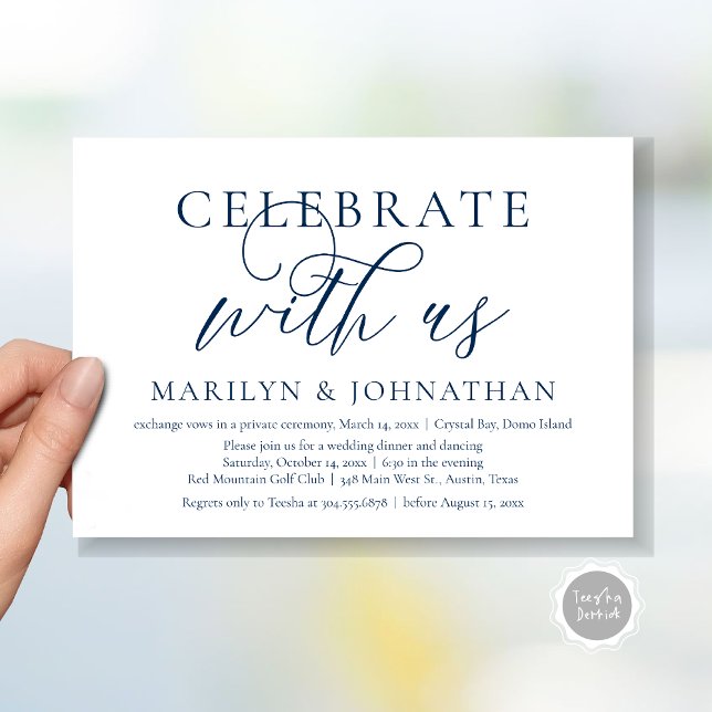Convite Celebrar conosco, Partido do Janto de Elopemento d (Celebrate with us, Modern Wedding Elopement Dinner Invitation Card, PDF, Modern Romantic Navy Blue)