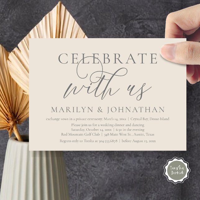 Convite Celebrar conosco, Partido do Janto de Elopemento d (Celebrate with us, Modern Wedding Elopement Dinner Invitation Card, PDF, Modern Romantic Cream Grey)