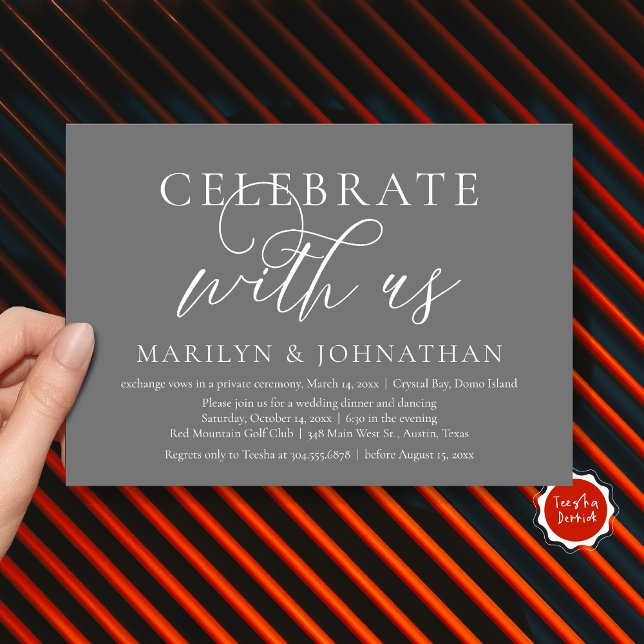 Convite Celebrar conosco, Partido do Janto de Elopemento d (Celebrate with us, Modern Wedding Elopement Dinner Invitation Card, PDF, Modern Romantic Dark Grey)