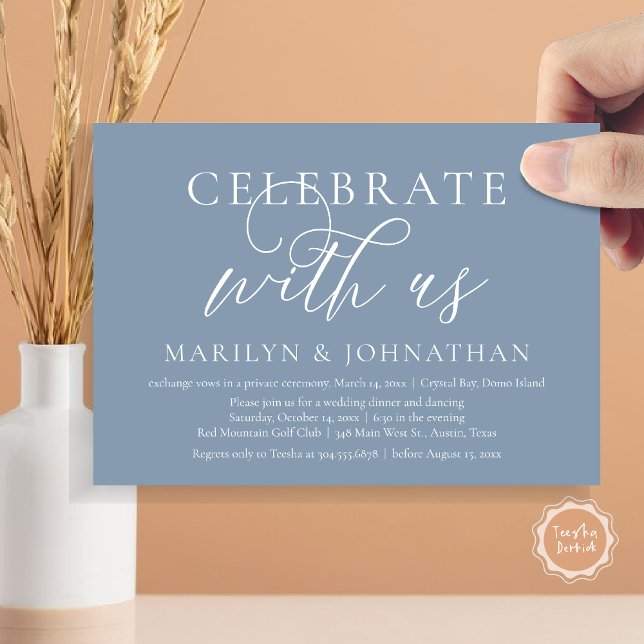 Convite Celebrar conosco, Partido do Janto de Elopemento d (Celebrate with us, Modern Wedding Elopement Dinner Invitation Card, PDF, Modern Romantic Dusty Blue)