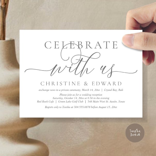 Convite Celebrar conosco, Partido Elopement, Cinza Eterno (Celebrate with us, Romantic Modern Wedding Elopement Invitation Card, PDF, in timeless Grey)