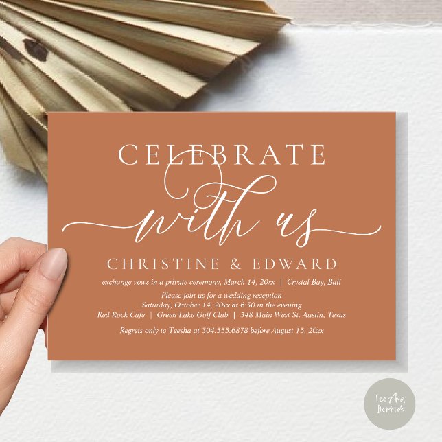 Convite Celebrar conosco, Partido Elopemento de Casamento, (Celebrate with us, Romantic Modern Wedding Elopement Invitation Card, PDF, in Copper)