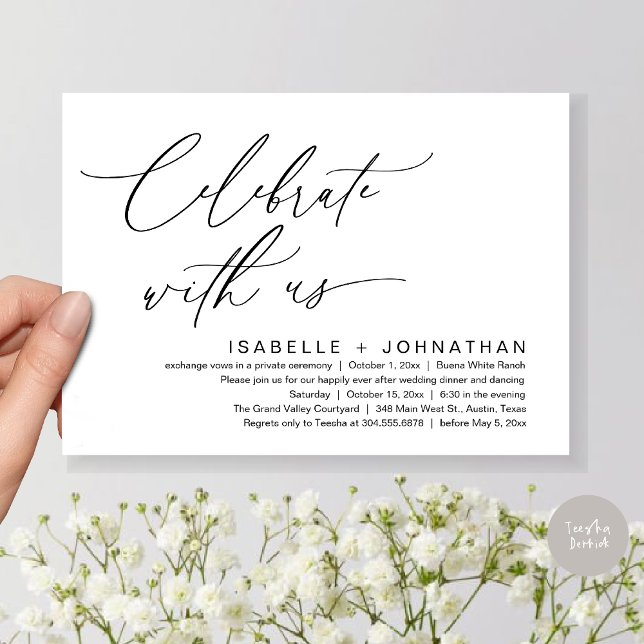 Convite Celebrar conosco, Partido Janto Romântico de Casam (Celebrate with us, Romantic Wedding Dinner Brunch Party Invites Card PDF Modern Classy White Black)