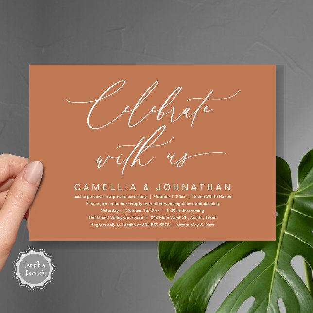 Convite Celebrar conosco, Partido Janto Romântico de Casam (Romantic Wedding Dinner Party, Celebrate with us Lunch Brunch Modern Invites Card  PDF Copper Brown)