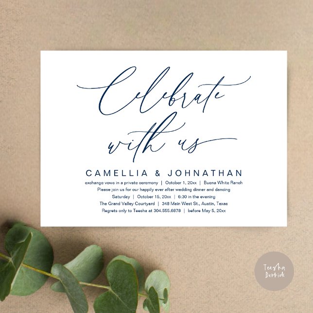 Convite Celebrar conosco, Partido Janto Romântico de Casam (Romantic Wedding Dinner Party, Celebrate with us Lunch Brunch Modern Invites Card  PDF Navy Blue)