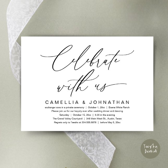 Convite Celebrar conosco, Partido Janto Romântico de Casam (Romantic Wedding Dinner Party, Celebrate with us Lunch Brunch Modern Invites Card  PDF White Black)