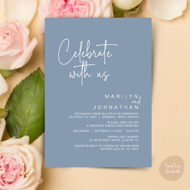 Convite Celebrar conosco, Partido Moderno da Recepção de c (Celebrate with us, Post Wedding Elopement Party Dinner Brunch Lunch Invitation Card PDF Dusty Blue)