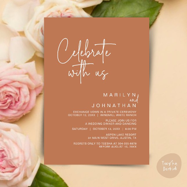 Convite Celebrar conosco, Partido Moderno da Recepção de c (Celebrate with us, Post Wedding Elopement Party Dinner Brunch Lunch Invitation Card PDF Copper Brown)
