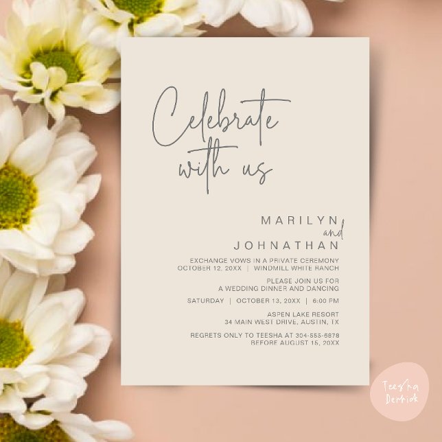 Convite Celebrar conosco, Partido Moderno da Recepção de c (Celebrate with us, Post Wedding Elopement Party Dinner Brunch Lunch Invitation Card PDF Cream Grey)