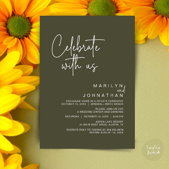 Convite Celebrar conosco, Partido Moderno da Recepção de c (Celebrate with us, Post Wedding Elopement Party Dinner Brunch Lunch Invitation Card PDF Olive Green)