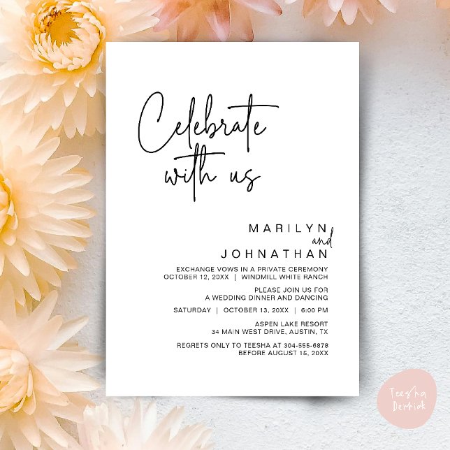 Convite Celebrar conosco, Partido Moderno da Recepção de c (Celebrate with us, Post Wedding Elopement Party Dinner Brunch Lunch Invitation Card PDF Black White)