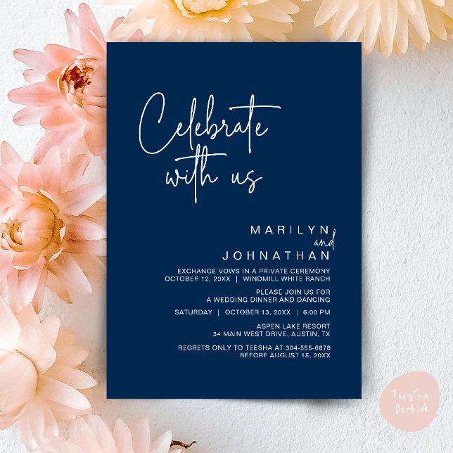 Convite Celebrar conosco, Partido Moderno da Recepção de c (Celebrate with us, Post Wedding Elopement Party Dinner Brunch Lunch Invitation Card PDF Navy Blue)