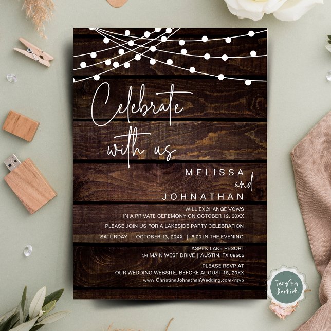 Convite Celebrar Conosco, Partido Russo Do Elopemento De C (Celebrate with us, Wedding Elopement Dinner Party Invitation Cards, String Lights Rustic Wood Design)