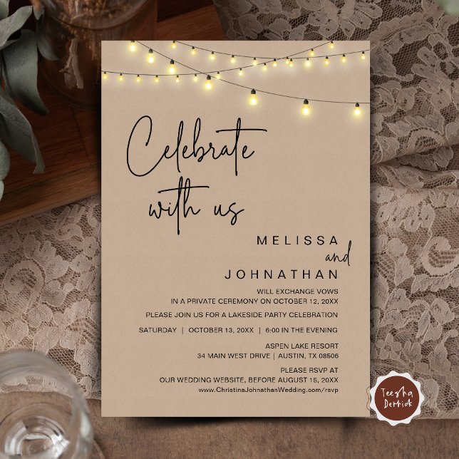 Convite Celebrar Conosco, Partido Russo Do Elopemento De C (Celebrate With Us, Rustic Wedding Elopement Party Invitation Card, Cottage Brown Kraft String Lights)
