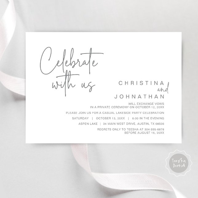 Convite Celebrar conosco, Postar Partido Elopemento de Cas (Celebrate with us, Modern Wedding Elopement Dinner Party Invitation Card, PDF, in Dark Grey)