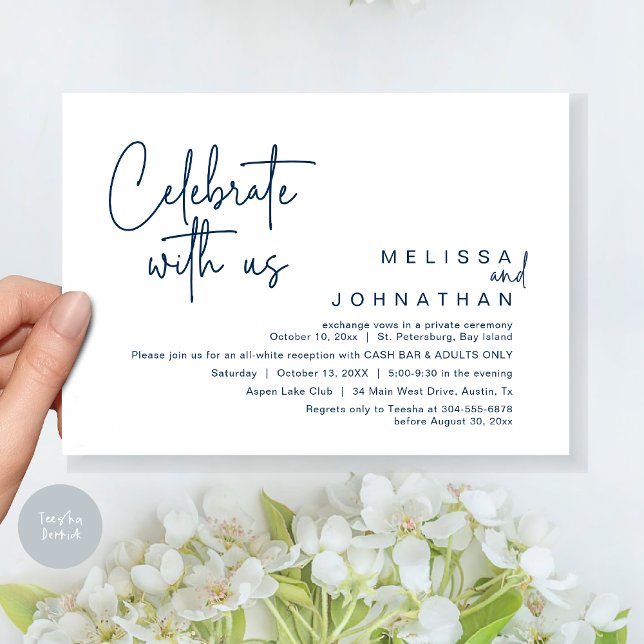 Convite Celebrar conosco, Recepção de casamento Cash Bar (Celebrate with us, Wedding Reception Dinner Cash Bar Adults Only Invitation Card PDF in Navy Blue)