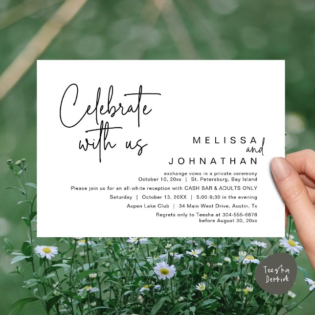 Convite Celebrar conosco, Recepção de casamento Cash Bar (Celebrate with us, Wedding Reception Dinner Cash Bar Adults Only Invitation Card PDF in White Black)