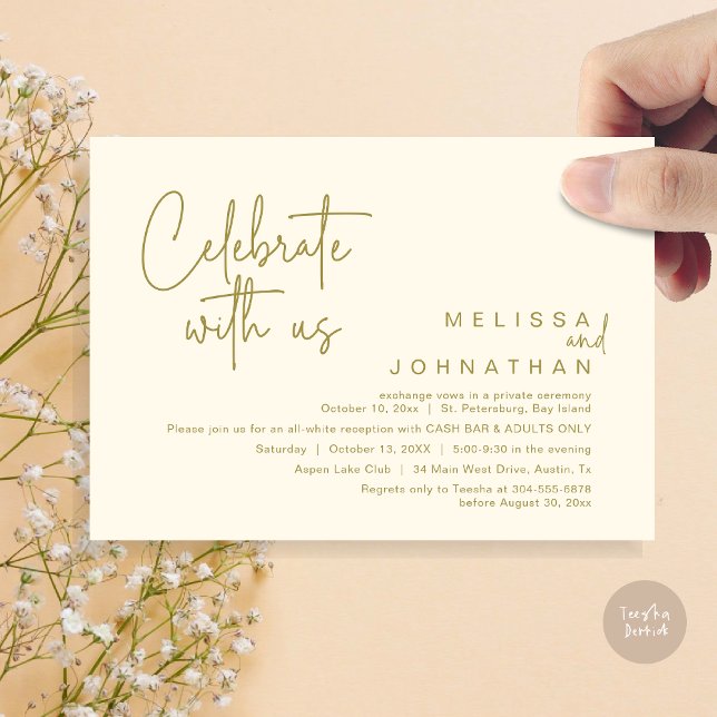 Convite Celebrar conosco, Recepção de casamento Cash Bar (Celebrate with us, Wedding Reception Dinner Cash Bar Adults Only Invitation Card PDF in Yellow Gold)