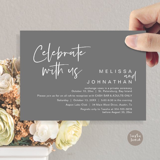 Convite Celebrar conosco, Recepção de casamento Cash Bar (Celebrate with us, Wedding Reception Dinner Cash Bar Adults Only Invitation Card PDF in Dark Grey)