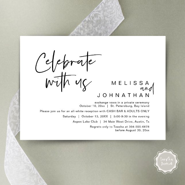 Convite Celebrar conosco, Recepção de casamento Cash Bar (Celebrate with us, Wedding Reception Dinner Cash Bar Adults Only Invitation Card PDF in White Black)