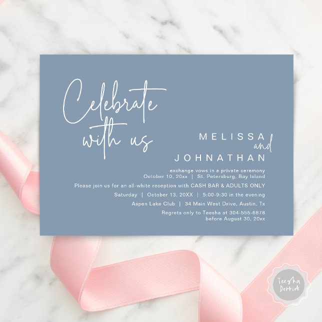 Convite Celebrar conosco, Recepção de casamento Cash Bar (Celebrate with us, Wedding Reception Dinner Cash Bar Adults Only Invitation Card PDF in Dusty Blue)