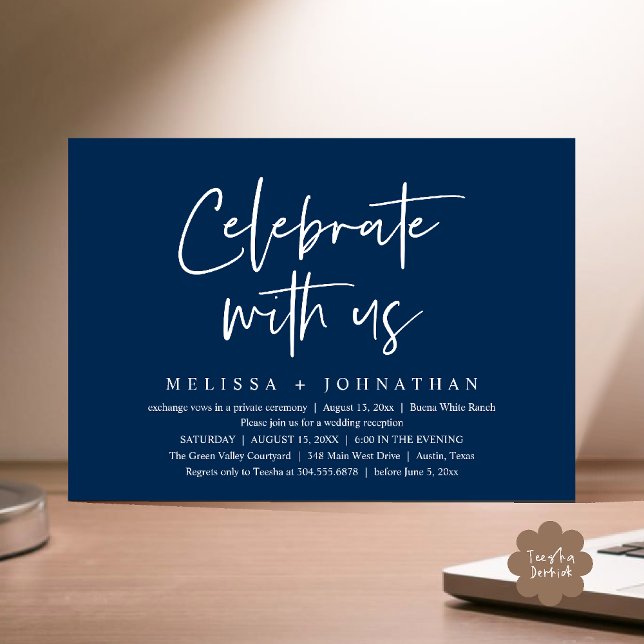 Convite Celebrar conosco Recepção de casamento moderna (Celebrate with us Modern Casual Wedding Reception Dinner Lunch Brunch Invites Card PDF Navy Blue)