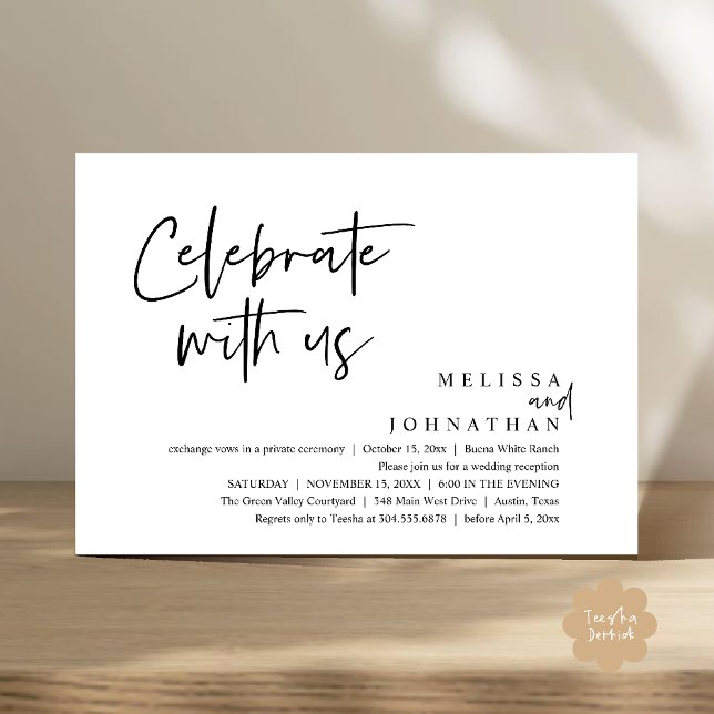 Convite Celebrar conosco Recepção de casamento moderna (Celebrate with us Modern Casual Wedding Reception Dinner Lunch Brunch Invites Card PDF Black White)