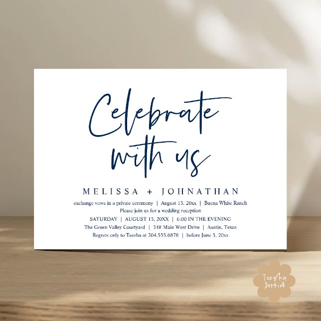 Convite Celebrar conosco Recepção de casamento moderna (Celebrate with us Modern Casual Wedding Reception Dinner Lunch Brunch Invites Card PDF Navy Blue)