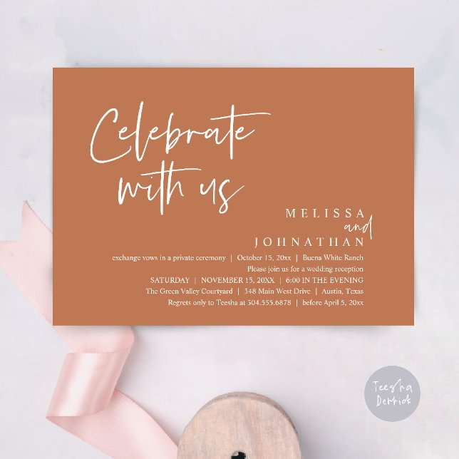 Convite Celebrar conosco Recepção de casamento moderna (Celebrate with us Modern Casual Wedding Reception Dinner Lunch Brunch Invites Card PDF Copper Brown)