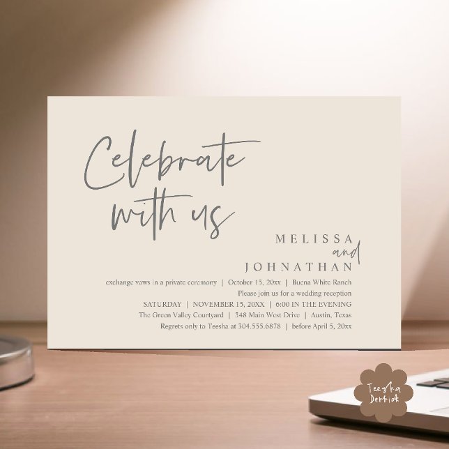 Convite Celebrar conosco Recepção de casamento moderna (Celebrate with us Modern Casual Wedding Reception Dinner Lunch Brunch Invites Card PDF Cream Grey)