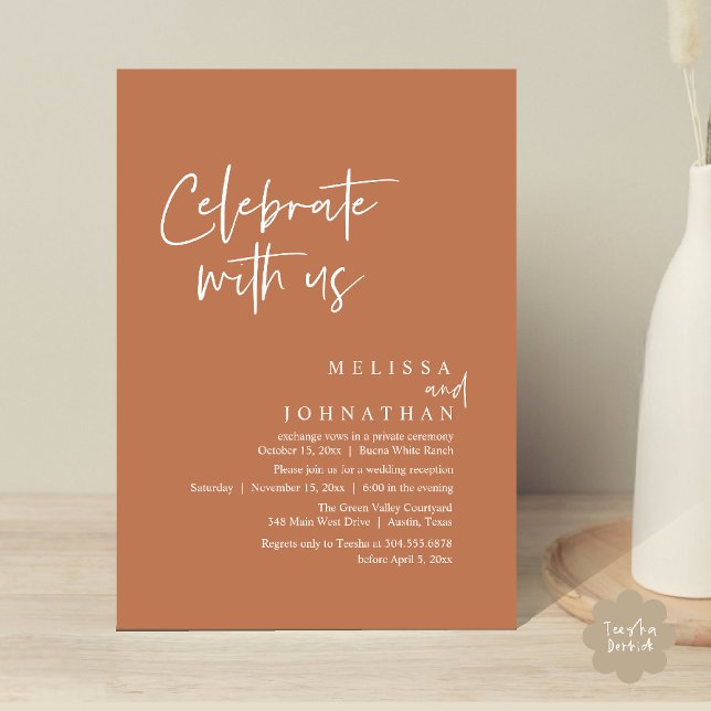 Convite Celebrar conosco, Recepção de casamento moderna (Celebrate with us Modern Casual Wedding Reception Dinner Lunch Brunch Invites Card PDF Copper Brown)