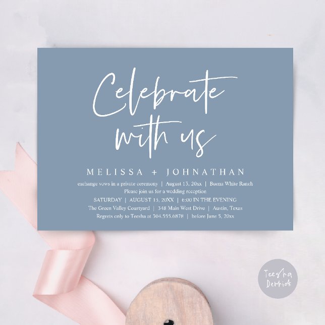 Convite Celebrar conosco Recepção de casamento moderna (Celebrate with us Modern Casual Wedding Reception Dinner Lunch Brunch Invites Card PDF Dusty Blue)