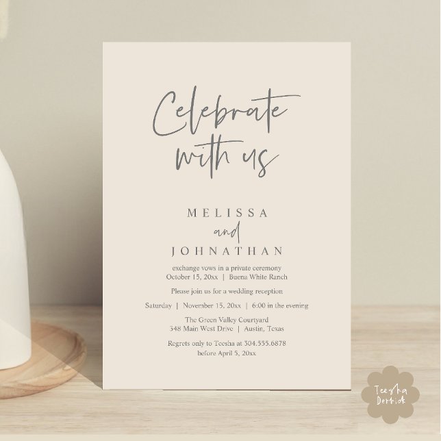 Convite Celebrar conosco, Recepção de casamento moderna (Celebrate with us Modern Casual Wedding Reception Dinner Lunch Brunch Invites Card PDF Cream Grey)