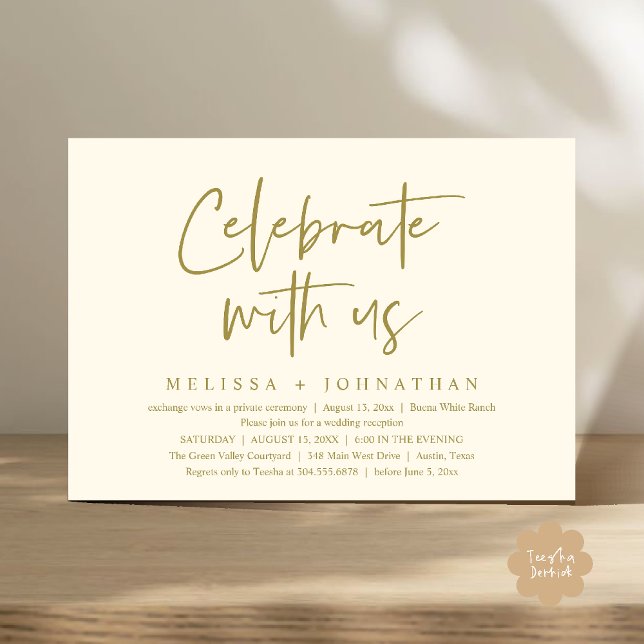 Convite Celebrar conosco Recepção de casamento moderna (Celebrate with us Modern Casual Wedding Reception Dinner Lunch Brunch Invites Card PDF Yellow Gold)